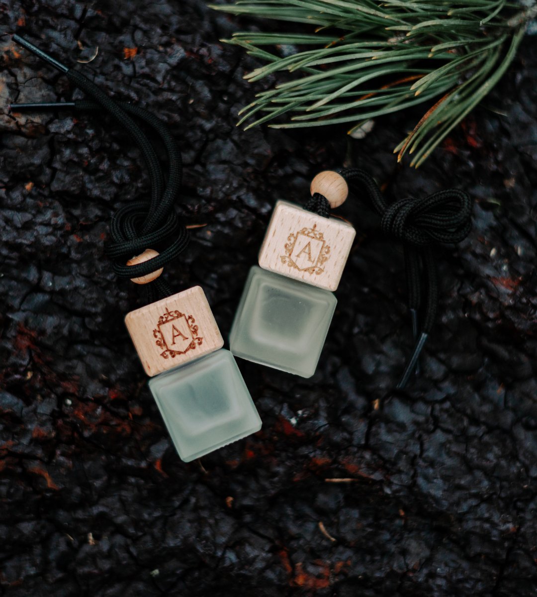 The Alchemist Eclipse Charm hanging car reed diffuser in a sleek glass bottle with wooden cap