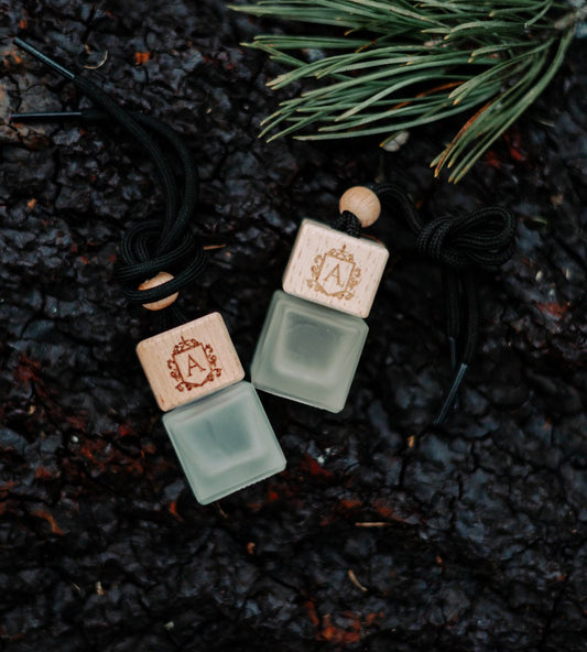 The Alchemist Eclipse Charm hanging car reed diffuser in a sleek glass bottle with wooden cap